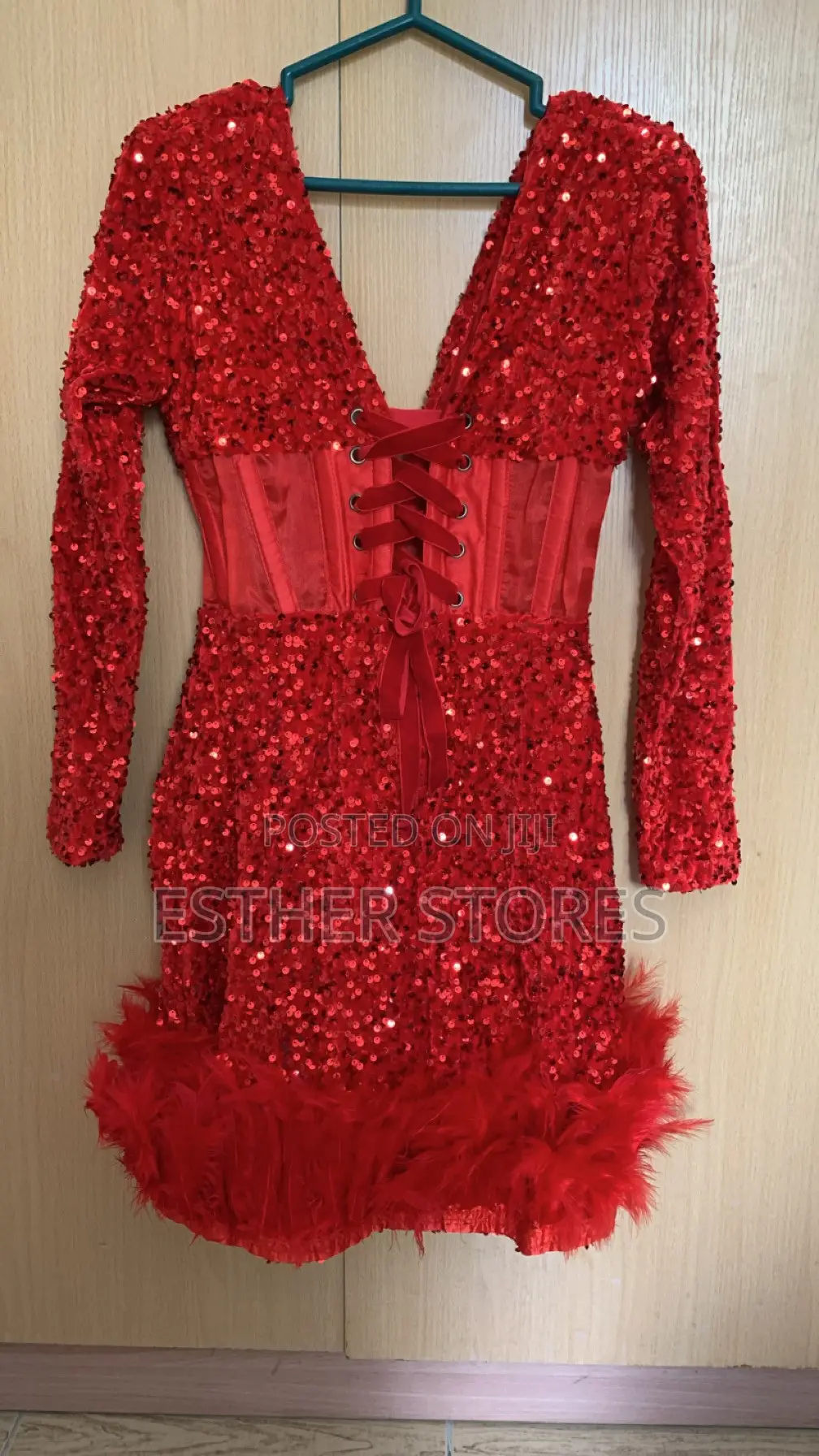 Red Sequin Corset Dinner Gown.