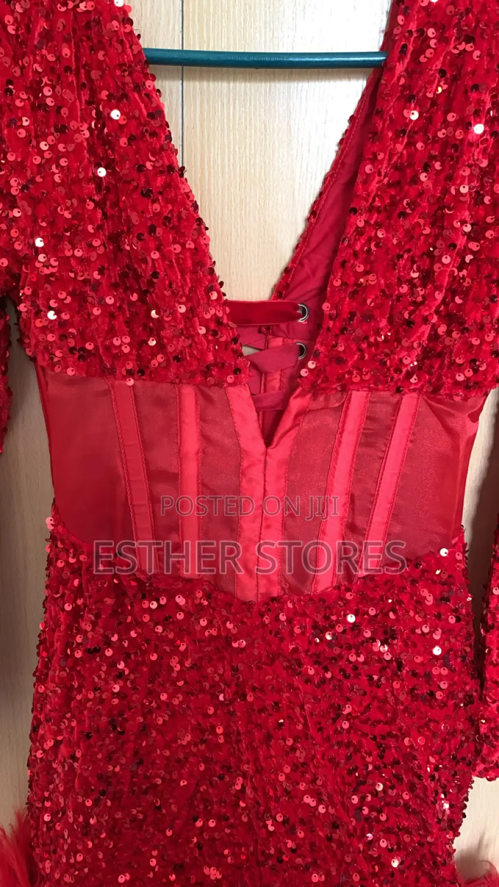 Red Sequin Corset Dinner Gown.