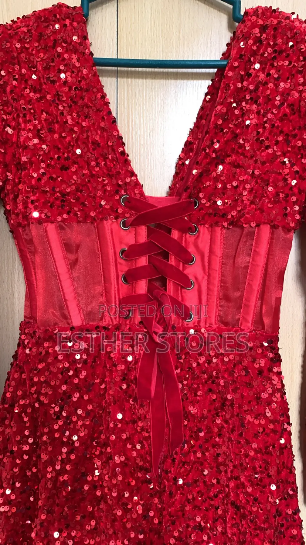 Red Sequin Corset Dinner Gown.