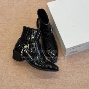 Croc-Embossed Chain and Buckle Harness Ankle Boot “Black”