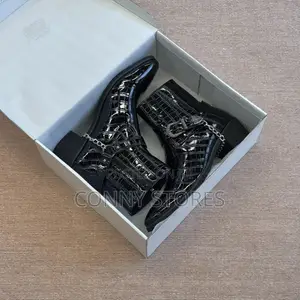 Croc-Embossed Chain and Buckle Harness Ankle Boot “Black”