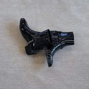 Croc-Embossed Chain and Buckle Harness Ankle Boot “Black”