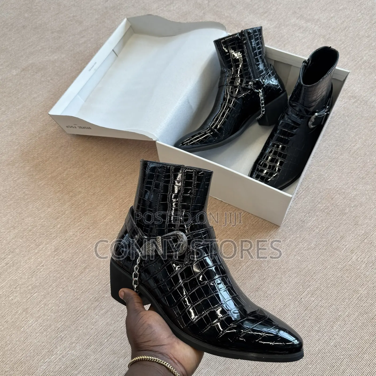 Croc-Embossed Chain and Buckle Harness Ankle Boot “Black”