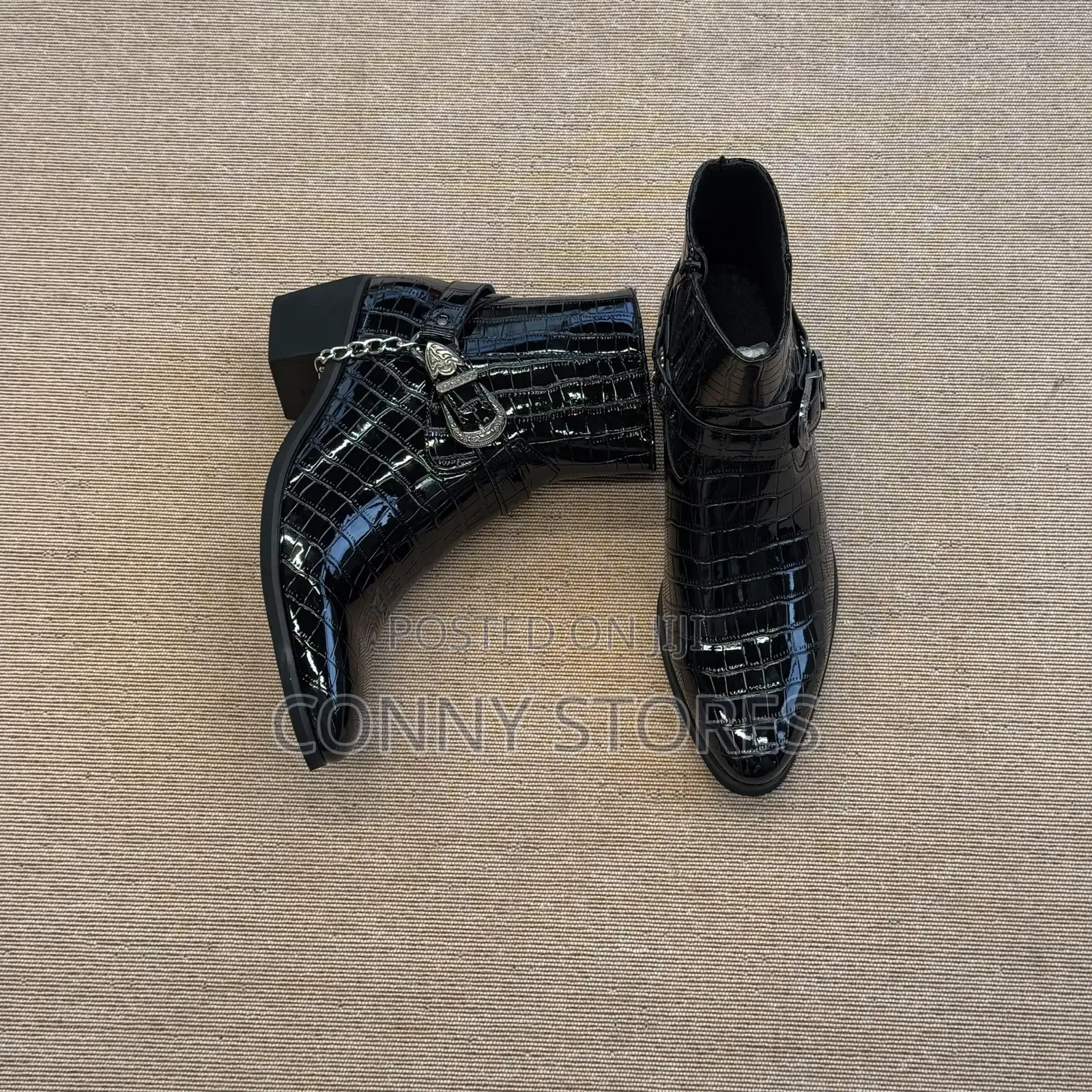 Croc-Embossed Chain and Buckle Harness Ankle Boot “Black”