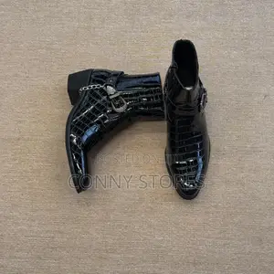 Croc-Embossed Chain and Buckle Harness Ankle Boot “Black”