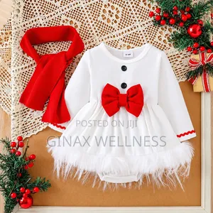 Baby Girl White Christmas Dress With Red Bow and Scarf (0–12 Months)