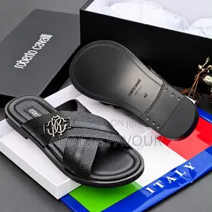 Men’s Black Roberto Cavalli Leather Cross-Strap Slides