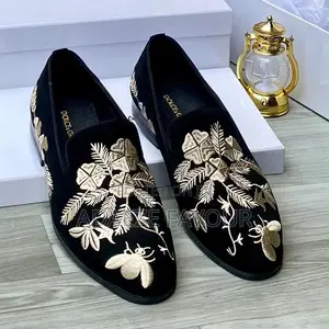 Men’s Black Velvet Loafers With Gold Floral and Bee Embroidery