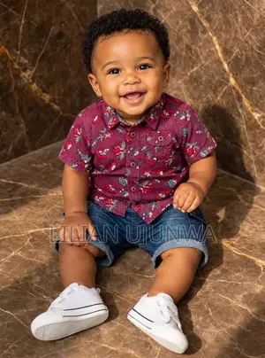 Boys Burgundy Floral Shirt + Denim Shorts Set - 1Yr