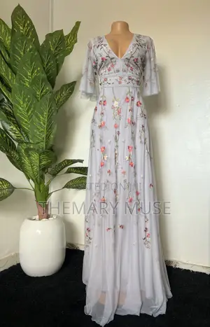 The Eden Embroidered: Dove Grey Floral Tulle Dress