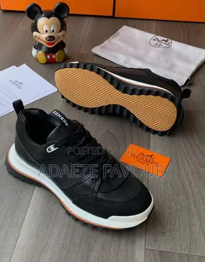 Men’s Black Hermès Lace-Up Sneakers With White Sole and Gum Outsole
