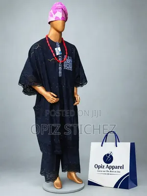 Navy & Burgundy Premium Lace Danshiki Set - Opiz Apparel