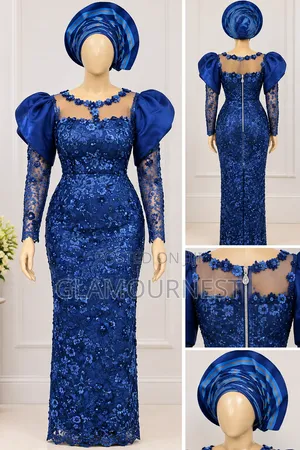 Blue Beaded and Sequin Lace Gown With Gele– Occasion Dress