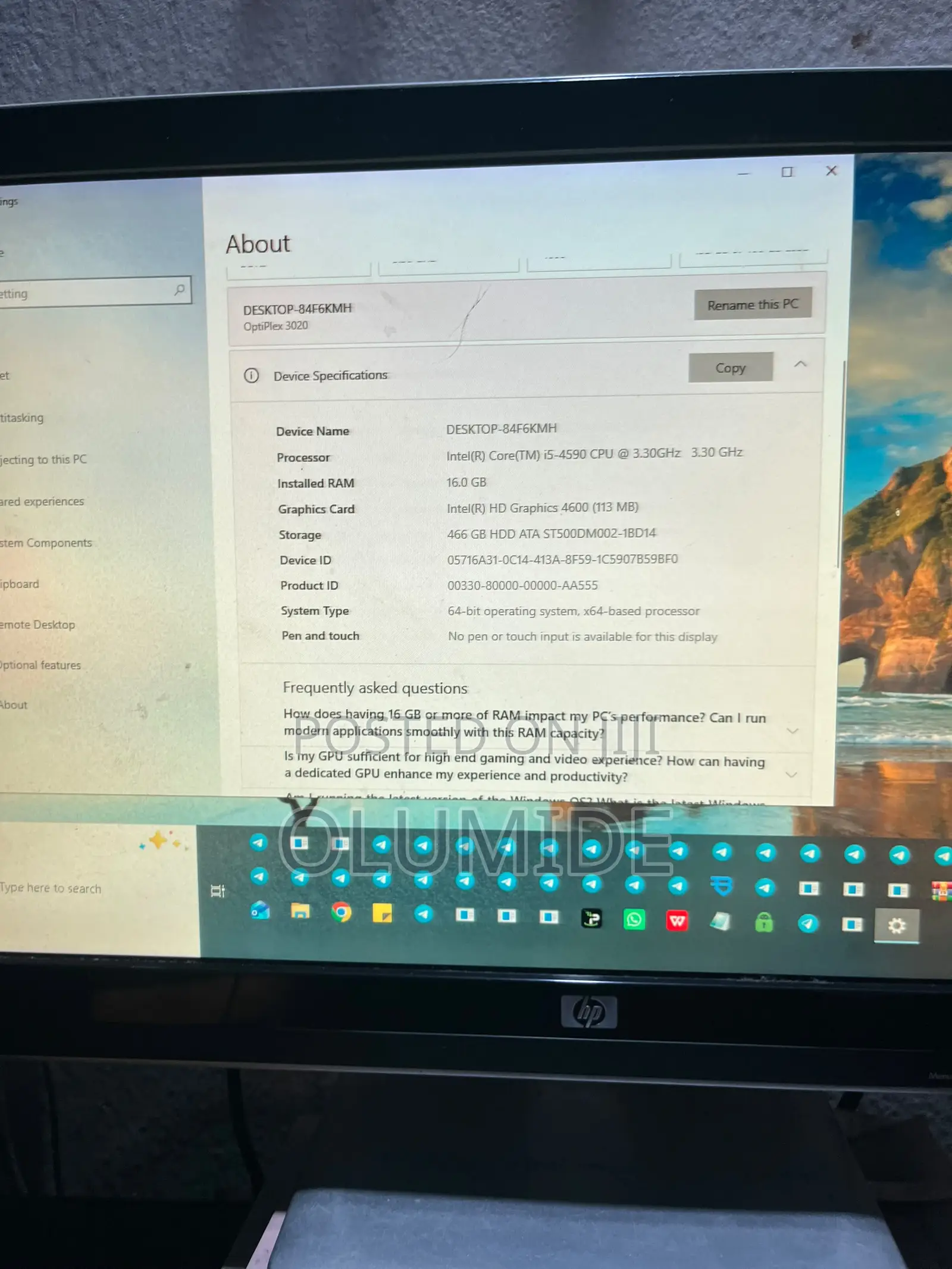 Desktop Computer Dell OptiPlex 3020 16GB Intel Core i5 HDD 500GB
