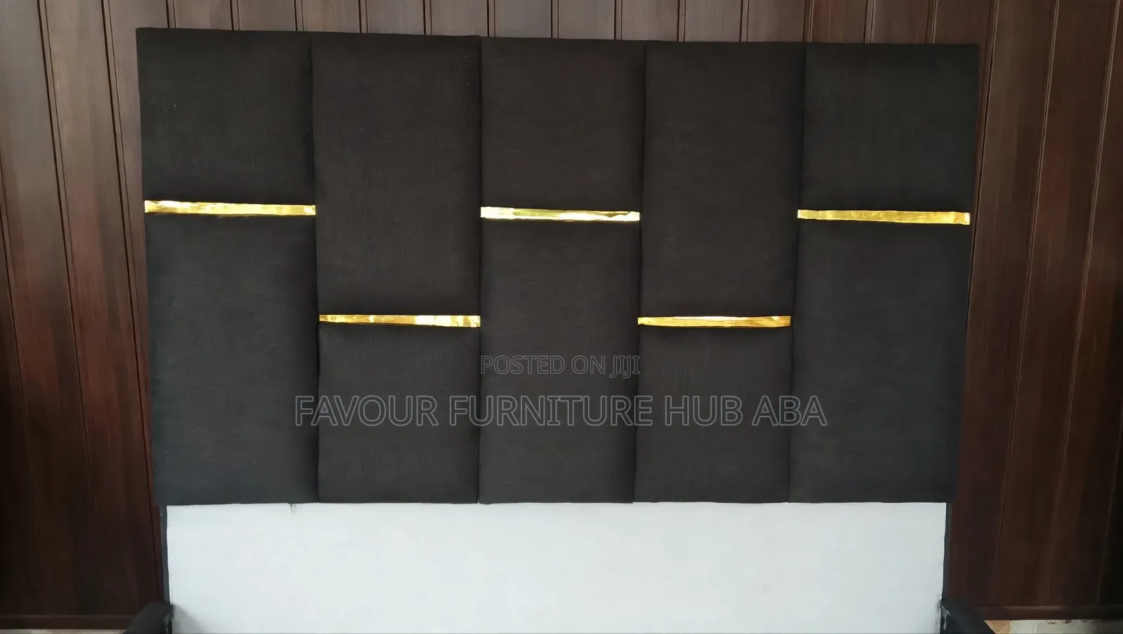 6x6 Full Upholstered Bed Frame - Black With Gold Strip - Frame Only