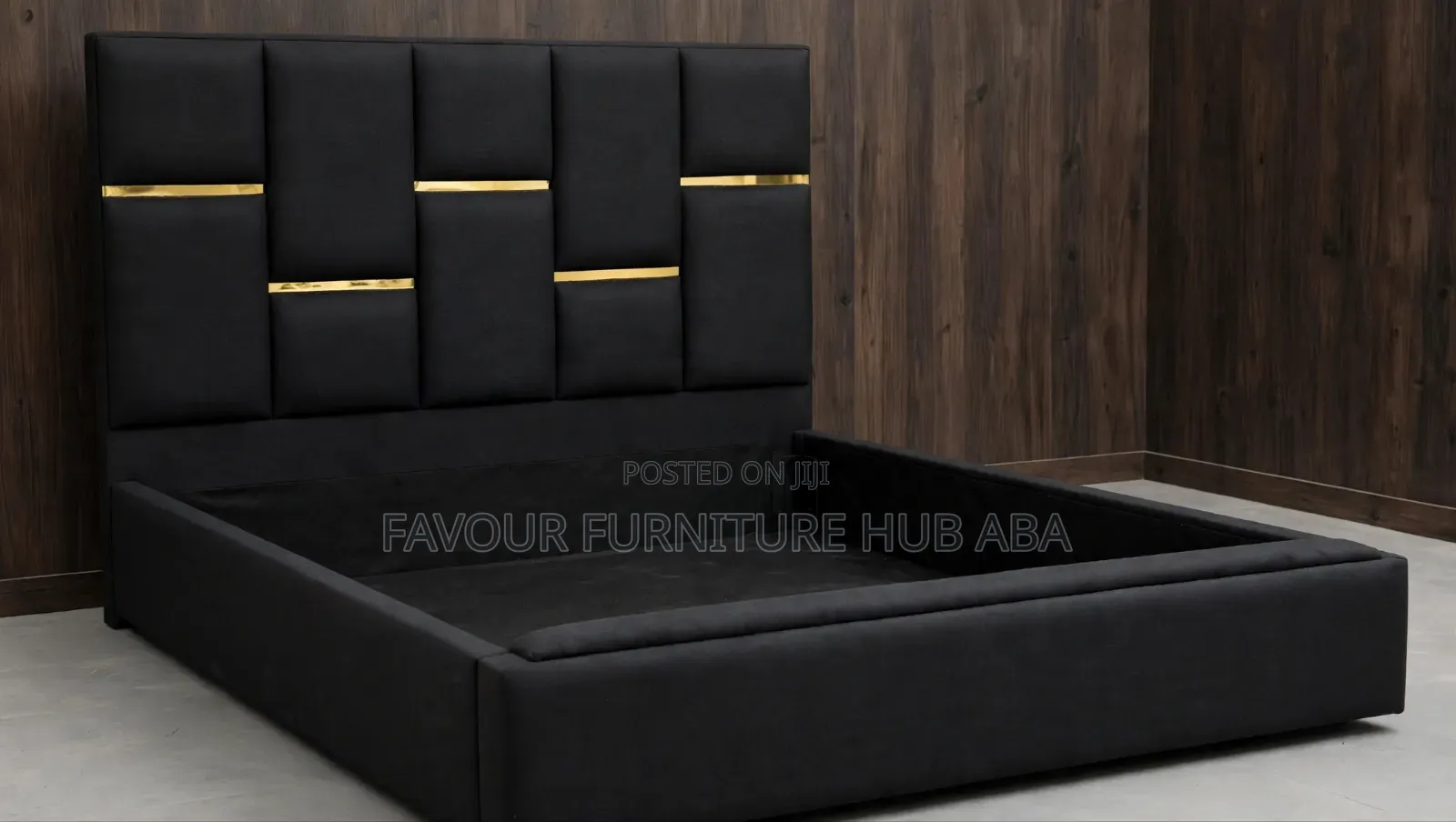 6x6 Full Upholstered Bed Frame - Black With Gold Strip - Frame Only