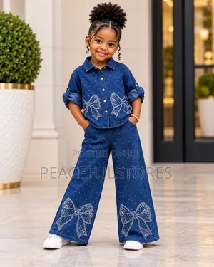 Girls Luxury Denim Two-Piece Set.Blue Jeans Shirt and Wide-Leg
