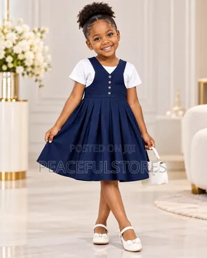 Girls Navy Blue Pinafore Dress With White T-Shirt
