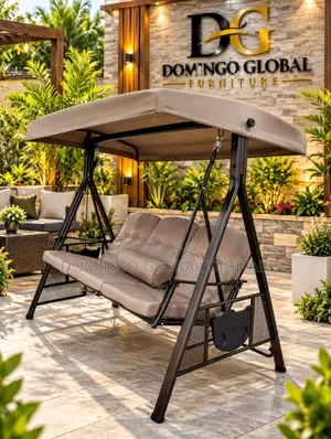 3-Seater Outdoor Garden Swing Chair With a Canopy and Beige Cushions.