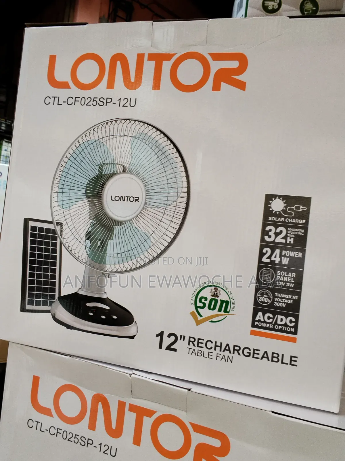 Lontor 12-Inch Rechargeable Fan With Solar Panel