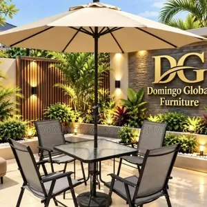 Outdoor Patio Dining Set, Square Glass-Top Table, Center-Post Umbrella