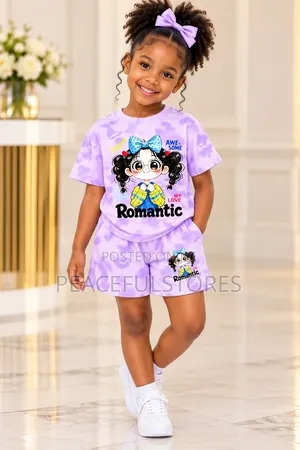 Girls Lavender Cartoon T-Shirt and Shorts Set