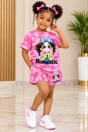 Girls Pink Cartoon Graphic T-Shirt and Shorts Set