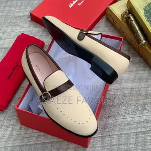 Men’s Cream and Brown Buckle Loafers With Black Sole