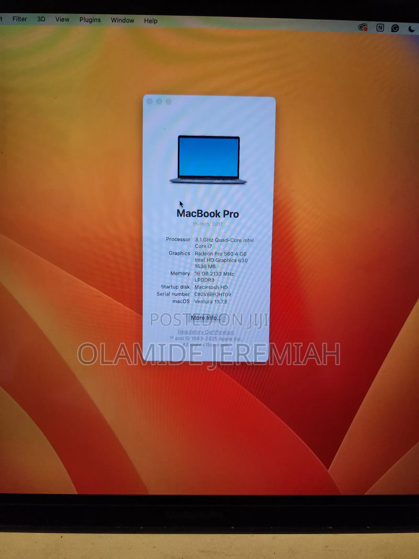 Laptop Apple MacBook Pro 2017 16GB Intel Core i7 SSD 1T