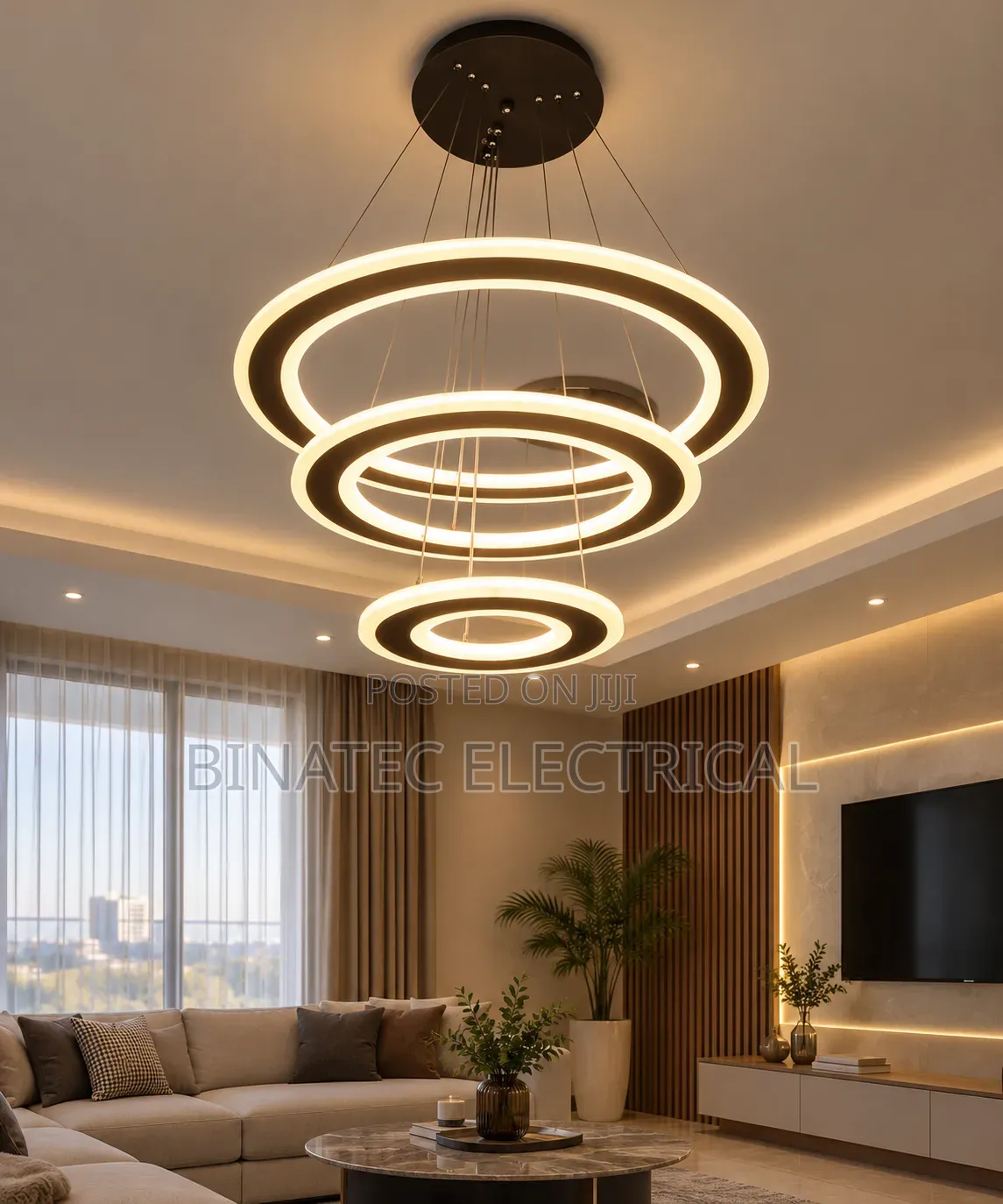 Modern 3-Ring LED Chandelier – Luxury Cascading Ceiling Light