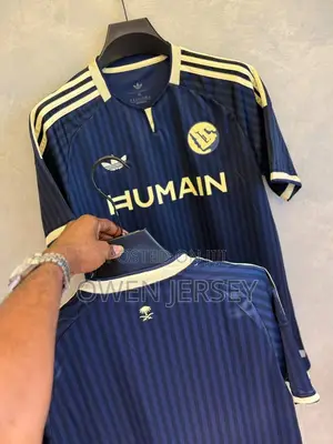 Navy Blue & Cream Striped Football Jersey–Saudi Arabia Inspired Design