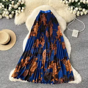 Orange Floral Pleated Maxi Skirt