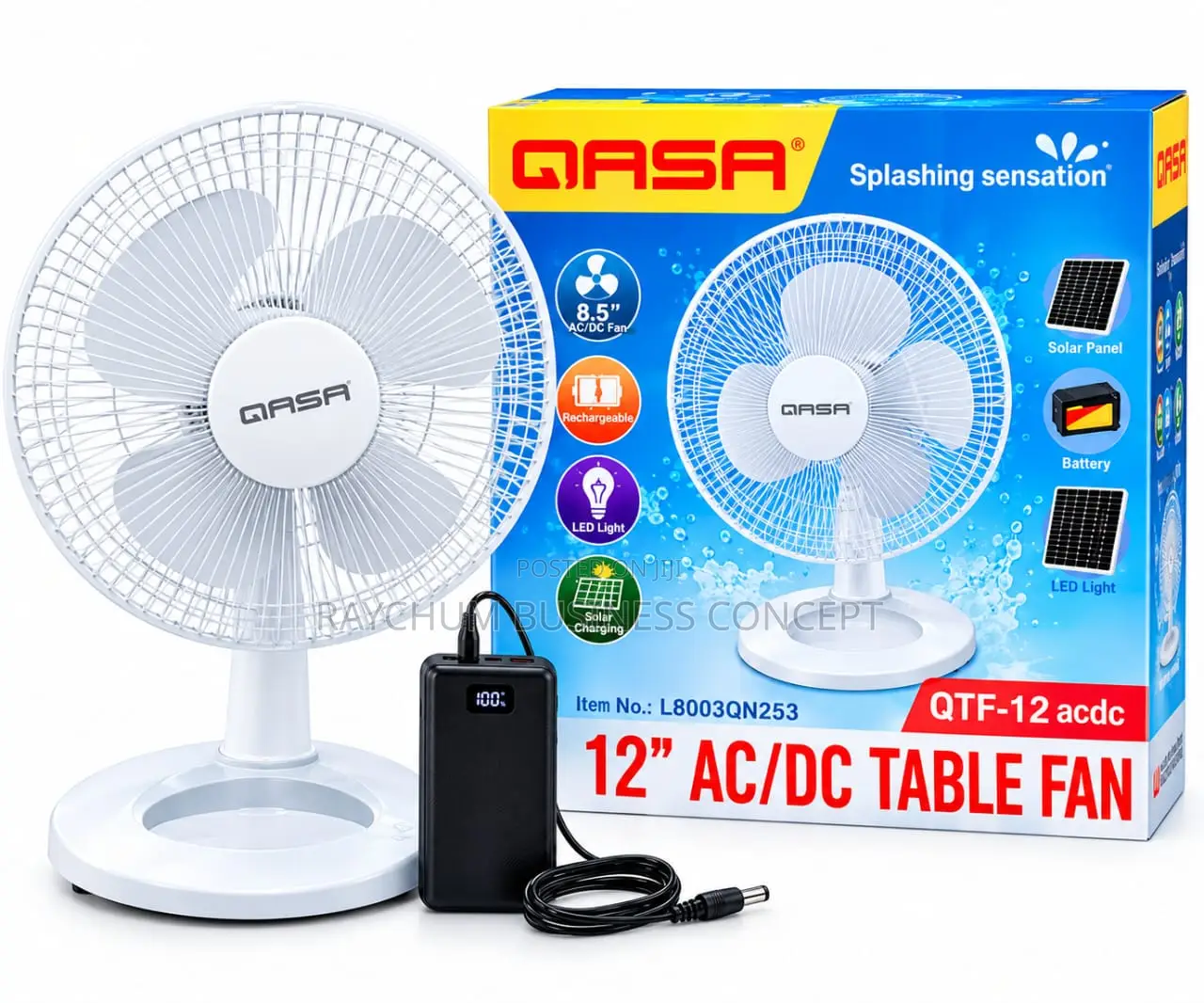 QASA 12-Inch AC/DC Table Fan + FREE Cord
