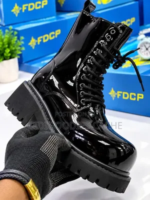 Black Patent Leather Chunky Combat Boots Size 41-46