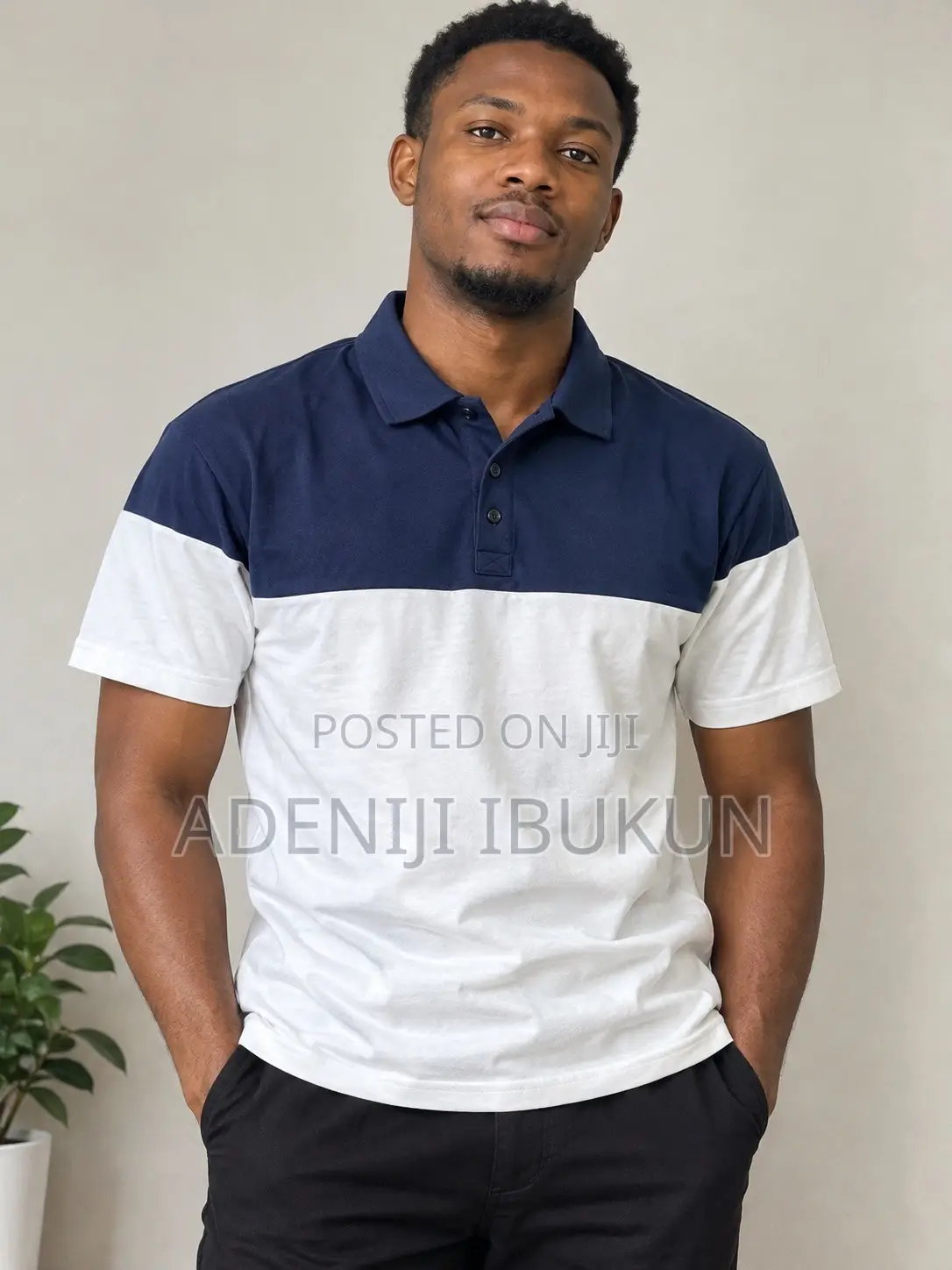 Navy Blue and White Colorblock Polo Shirt �
