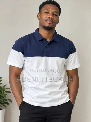 Navy Blue and White Colorblock Polo Shirt �
