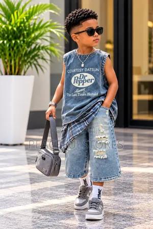 Boys Luxury Denim 2 Piece Set With Distressed and Checked Scarf