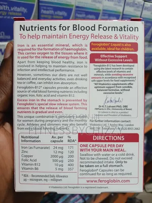 Vitabiotics Feroglobin Iron, Folic Acid, B12, B6 & Zinc X 30 Capsules