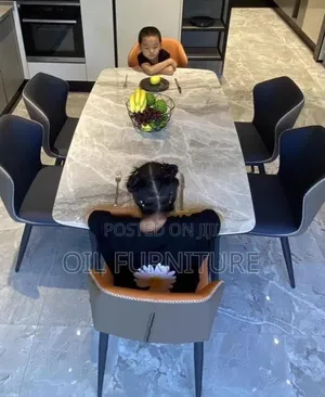 Modern 6 Seater Marble Top Dining Table Set With Padded Leather Chairs