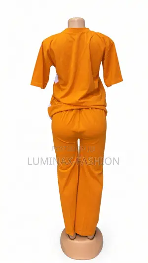 Solid Orange Short Sleeve Jersey Top & Matching Wide-Leg Pants Set