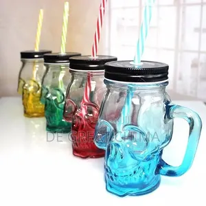 Glass Skull Masson Jar With Lid Straw