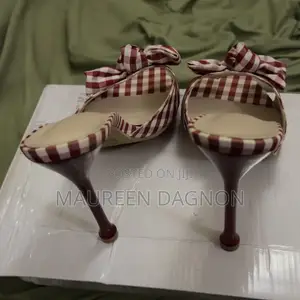 Red and White Gingham-Patterned Pointed-Toe High-Heel Mules With a Bow