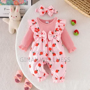 Baby Girls Long-Sleeve Romper Jumpsuit With Bow Headband (0–9 Months)