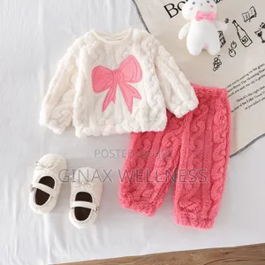 2-Piece Baby Girls Fluffy Long-Sleeve Top & Pink Trousers (6-12m)