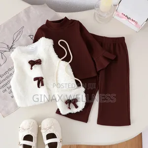 4-Piece Baby Girls Brown Top, Trousers, Fluffy Vest & Bag Set (6-12m)