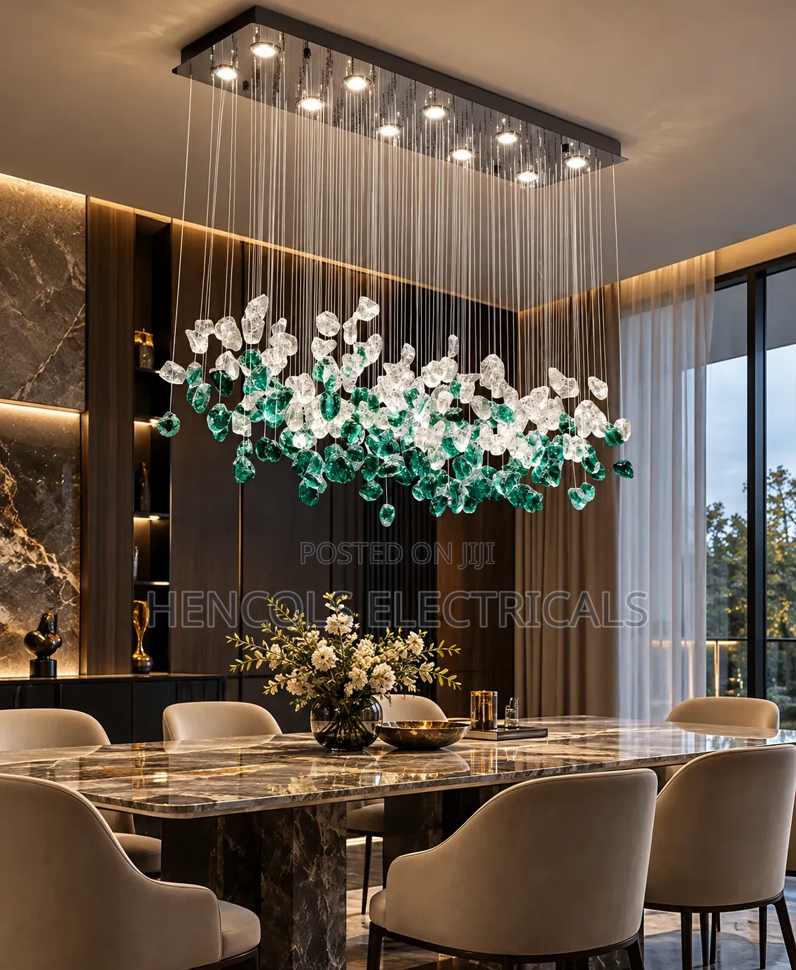 Luxury Emerald Green and Crystal Waterfall Chandelier