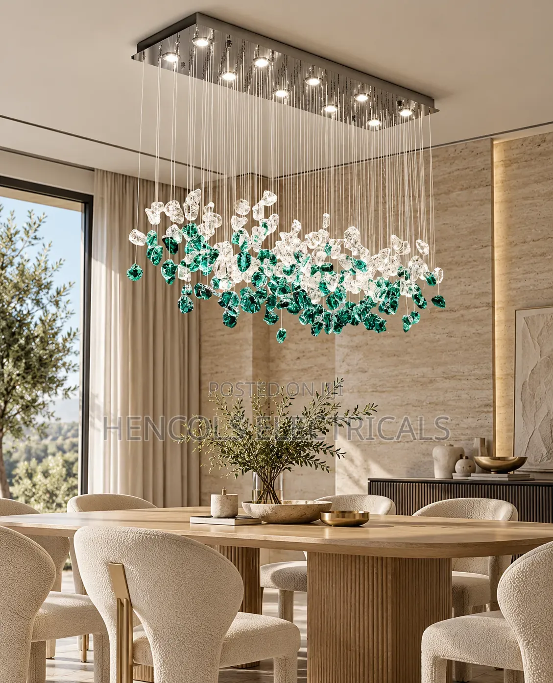 Luxury Emerald Green and Crystal Waterfall Chandelier
