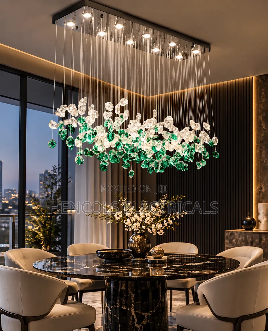 Luxury Emerald Green and Crystal Waterfall Chandelier