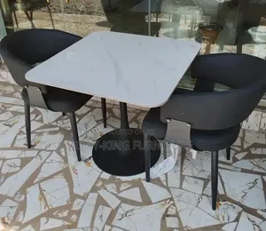 Modern Imported Mini Marble Dining Sets With Black Metal Base.