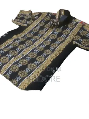 Men's Vintage Shirt - Black & Gold Baroque Pattern - Short Sleeve